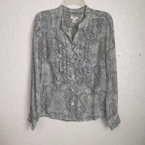 J CREW Silk Flouncette Blouse Womens 6 Paisley Top Ivory‎ Ruffle Trim Office